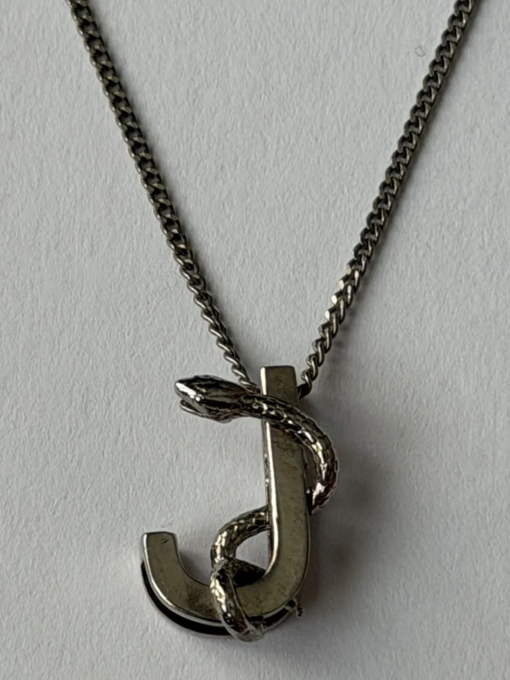 Saint Laurent YSL Sterling Silver J Initial Letter Snake Pendant Chain Necklace